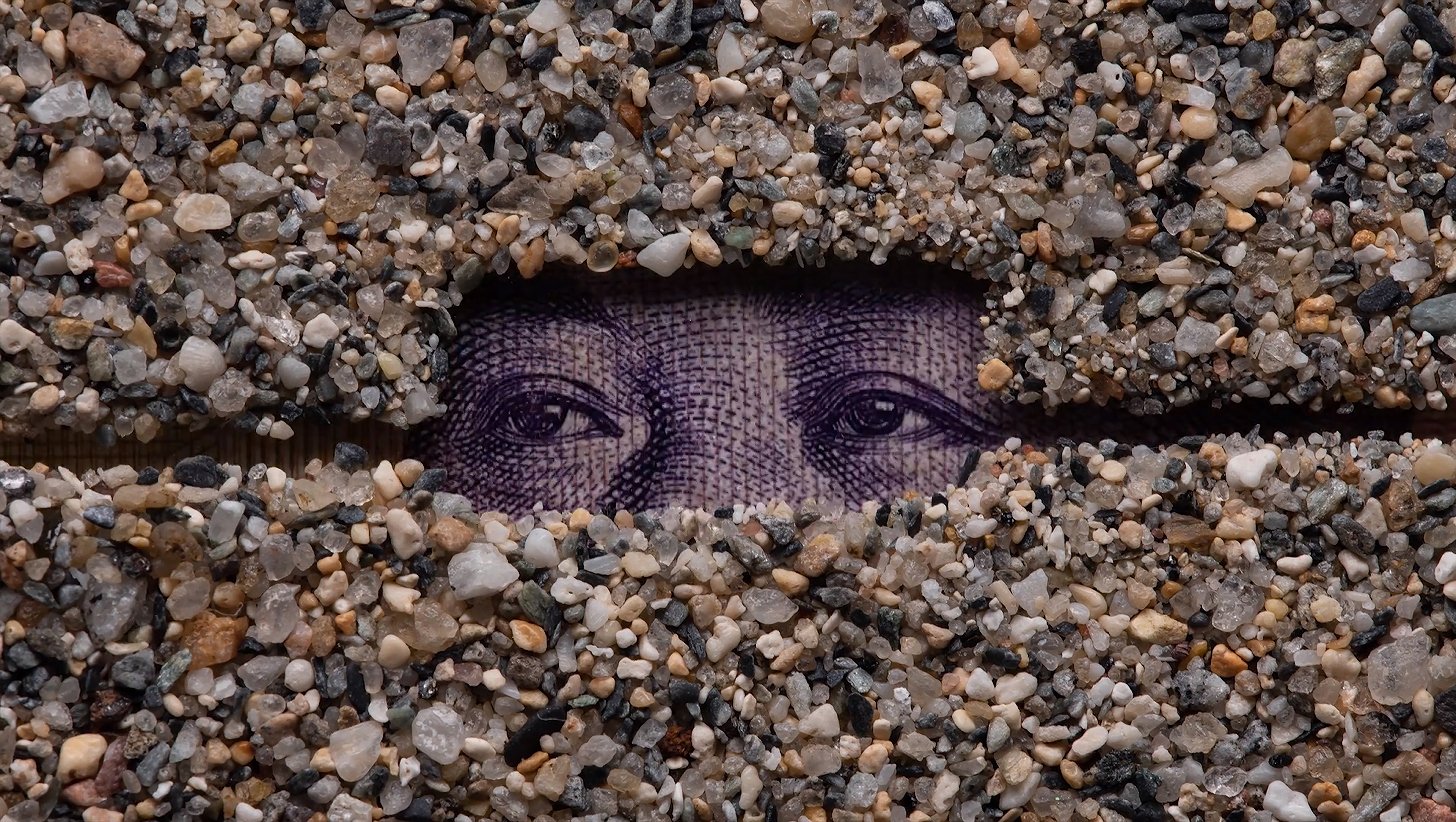 It takes 24 individual frames to fill up one second of film. Pictured: a still from Parks’ Foreign Exchange, featuring multiple currencies and pieces of sand from around the world. Images courtesy of Corrie Francis Parks.