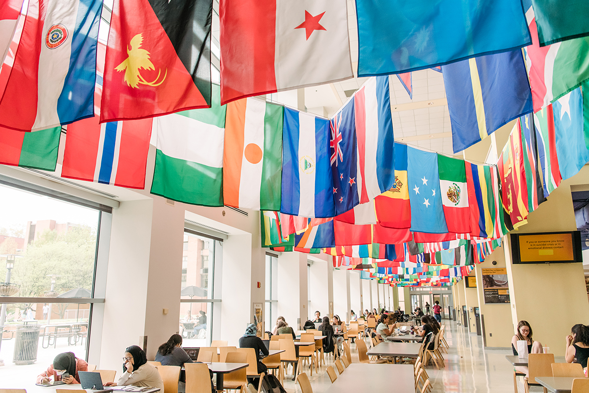 international flags hanging above the commons with students sitting below